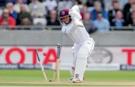  ?? AP ?? Shai Hope is bowled by England’s Toby Roland-Jones. —