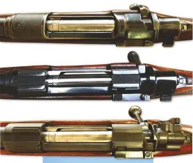  ??  ?? Three successive post WWII Brno actions; TOP: early model 721 with round-top receiver ring and, oddly, the bolt-shaft lacking the guide-rail. The bolt-handle appears to have been modified for saddle-scabbard carry. CENTRE: Mod 721/722 with square bridges; note the guide-rail added to bolt-shaft. BOTTOM: a ZG-47 with safety-catch on righthand side of the bolt-shroud.