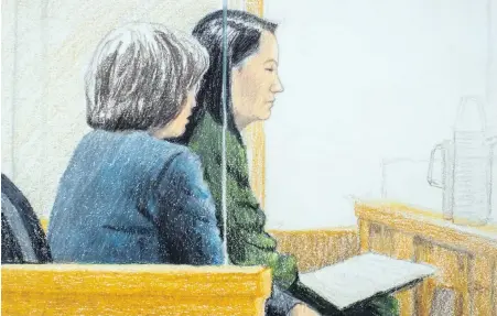  ?? JANE WOLSAK, THE CANADIAN PRESS ?? In this courtroom sketch, Meng Wanzhou, back right, the chief financial officer of Huawei Technologi­es, sits beside a translator during a bail hearing at B.C. Supreme Court in Vancouver on Friday.
