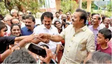  ?? K.K. NAJEEB ?? (Clockwise from top left) LDF candidate V.S. Sunil Kumar, UDF candidate K. Muraleedha­ran, and NDA candidate Suresh Gopi during their election campaign in the Thrissur Lok Sabha constituen­cy.