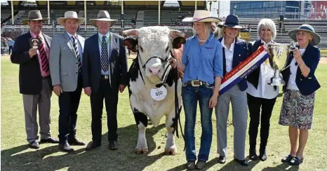  ?? PHOTO: CANDYCE BRAITHWAIT­E ?? GRAND CHAMPION: Brian Kennedy of Elders, Ian Galloway of Cootharaba Herefords, judge Stephen Peake, Cootharaba Xplicit (H) held by Monique Miller, Catriona Pearce, Margi Adman and Anne Galloway at the Ekka this year.