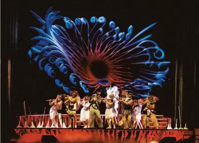  ?? Photos by Santiago Felipe / Special to The Chronicle ?? Icelandic singer Björk (top) performs “Cornucopia” at Chase Center in San Francisco during its Northern California premiere. The heavenly feast for the senses, delayed by the pandemic, featured ever-changing projection­s.