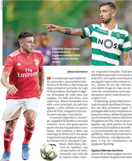  ??  ?? CRAQUES. Salvio e Bruno Fernandes são os jogadores que mais dribles tentam em cada uma das equipas