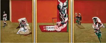  ??  ?? Zweimal der Körper im Raum: „Crucifixio­n“von Francis Bacon aus dem Jahr 1965 (Öl auf Leinwand, links) sowie „Legend of Lot“von George Segal (Gips, 1966). Das Bacon‰triptychon gehört der Sammlung Moderne Kunst in der Münchner Pinakothek der Moderne, die Segal‰gruppe der Münchner Sammlung Goetz.
Fotos: © The Estate of Francis Bacon / VG Bild‰kunst, Bonn 2020, © The Segal Foundation/ VG Bild‰kunst, Bonn 2020/Dashuber