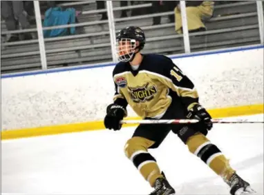  ?? ANNE NEBORAK — DIGITAL FIRST MEDIA FILE ?? West Chester Rustin’s Brett Turner had a big goal in regulation for the Golden Knights Saturday against Franklin Regional.