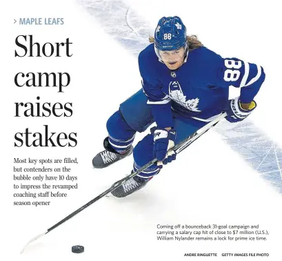  ?? ANDRE RINGUETTE GETTY IMAGES FILE PHOTO ?? Coming off a bounceback 31-goal campaign and carrying a salary cap hit of close to $7 million (U.S.), William Nylander remains a lock for prime ice time.