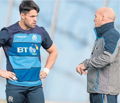  ?? SNS. ?? Sean Maitland with head coach Gregor Townsend after being recalled to the Scotland team for the Ireland clash.