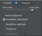  ??  ?? JPEG-Optionen: Qualitätss­tufe und Speicherbe­darf regeln Sie nach Belieben.