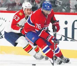  ?? JOHN MAHONEY/MONTREAL GAZETTE FILES ?? P.K. Subban gets pressure from Florida Panthers’ Dave Bolland during the last meeting between the two teams in February. The Panthers won 3-2 in a shootout.