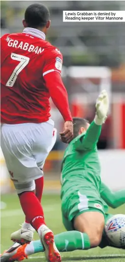  ??  ?? Lewis Grabban is denied by Reading keeper Vitor Mannone