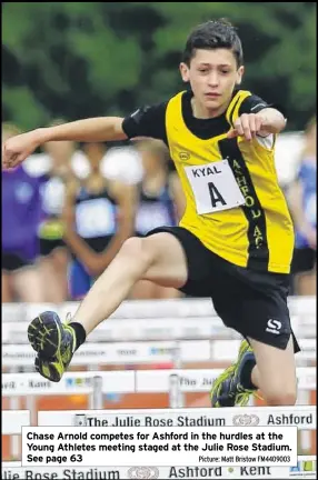  ?? Picture: Matt Bristow FM4409003 ?? Chase Arnold competes for Ashford in the hurdles at the Young Athletes meeting staged at the Julie Rose Stadium. See page 63