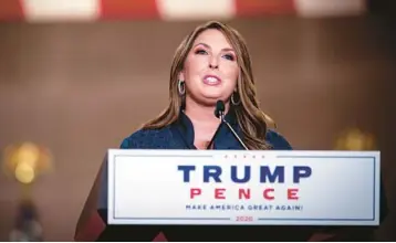  ?? PETE MAROVICH/THE NEW YORK TIMES ?? Ronna McDaniel, Republican National Committee chairwoman, speaks Aug. 24, 2020, at the Republican National Convention in Washington. McDaniel was handpicked by then-President-elect Donald Trump in 2016.