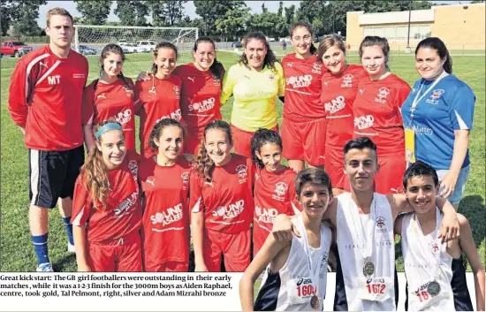  ??  ?? Great kick start: The GB girl footballer­s were outstandin­g in their early matches , while it was a 1-2-3 finish for the 3000m boys as Aiden Raphael, centre, took gold, Tal Pelmont, right, silver and Adam Mizrahi bronze