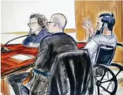  ?? Elizabeth Williams via AP ?? In this courtroom drawing, defendant Sayfullo Saipov, right, addresses the court from a wheelchair during his arraignmen­t on federal terrorism charges.