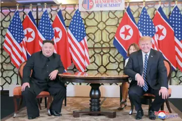  ??  ?? Kim and Trump meet for the second North Korea-US summit in Hanoi, Vietnam, in this photo released by North Korea’s Korean Central News Agency (KCNA). Trump said that North Korea does not have any economic future with nuclear weapons as the Pentagon confirmed the US and South Korea had agreed to end joint large scale spring military exercises. — Reuters photo