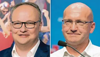  ?? FOTOS: DPA ?? „Wir haben einen Fehler gemacht“, entschuldi­gte sich Oliver Welke (links). Der AfD-Fachrefere­nt Dieter Amann hatte in einem Ausschuss des Bundestags gesagt, er stottere und sei nicht gewohnt, vor großer Runde zu reden.