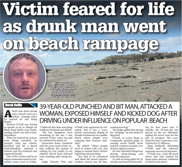  ??  ?? ● Richard O’Neill (inset) has been placed on the sex offenders register after his rampage on Black Rock Sands (main)