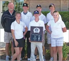  ?? Photograph courtesy of Russ Wilson ?? Pea Ridge Blackhawk golf team won the district tournament played at the Valley View Golf Courst Tuesday, Sept. 18. Team members are, front row from left: Elyse Brown, Nicklaus Mooneyhan and Lauren Ivy; and back row from left, coach Larry Walker, Nathan...