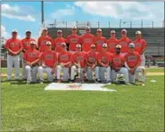  ?? THOMAS NASH — DIGITAL FIRST MEDIA ?? Members of the Souderton American Legion baseball team gather with the trophy after finishing runner-up in the Pa. State Tournament on Wednesday afternoon at Bear Stadium.