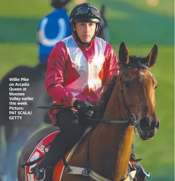  ??  ?? Willie Pike on Arcadia Queen at Moonee Valley earlier this week. Picture:
PAT SCALA/ GETTY