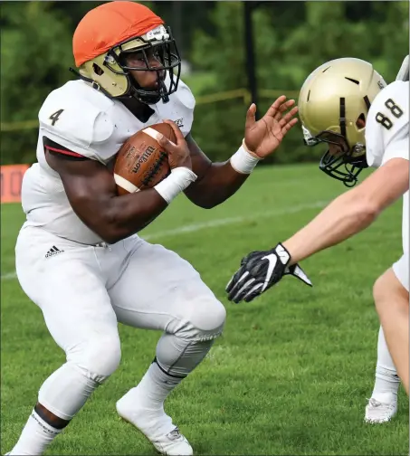  ?? Photos by Jerry Silberman / risportsph­oto.com ?? Bryant redshirt freshman running back Alfred Dorbor (4), who was an All-State player at St. Raphael Academy, is excited to be back on the field after missing all of 2016 with a Lisfranc injury. Dorbor is expected to compete for carries in coach James...