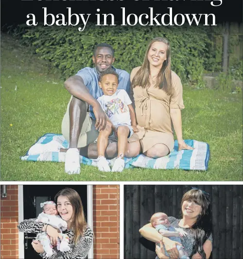  ?? PICTURES: TONY JOHNSON/SIMON HULME/JAMES HARDISTY ?? MOTHERS AND A MOTHER-TO-BE: Main - Lucy Russell, pictured before she gave birth on Saturday, with husband Jahmel and older son Luell. Before giving birth on Saturday she said her husband would leave before labour, saying the thought was scary. Jessica Rowlands and Violet, left; Lucy Waterworth and Tommy, right.