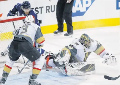  ?? CP PHOTO ?? Winnipeg Jets’ Kyle Connor (81) shot goes through the pads of Vegas Golden Knights goaltender Marc-Andre Fleury (29) but Brayden McNabb (3) clears it during first period of game one action in the NHL Western Conference Final in Winnipeg on Saturday.