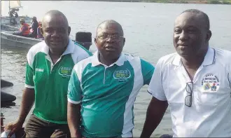  ?? Photo: Chiemelie Ezeobi ?? L-R: Commanding Officer of the Sailing Club, Civilian Commodore Tunde Daramola; Mr. Francis Olo and the Flag Officer Commanding, Western Naval Command, Rear Admiral Jonathan Ango, at the sailing competitio­n held recently in Lagos to celebrate the 59th...