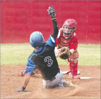  ?? PHOTOS BY RICK PECK MCDONALD COUNTY PRESS ?? McDonald County catcher Emitt Dalton tags out Riverton’s Landon North to preserve the Mustangs’ 4-3 win Saturday at MCHS behind Dagan Stites two out walk off hit in the eighth inning.
