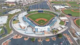  ?? MICHAEL CHOW, THOMAS HAWTHORNE/THE REPUBLIC ?? An aerial drone view of Peoria Sports Complex, Cactus League home of the Seattle Mariners and San Diego Padres, in Peoria, on Jan. 9, 2019.