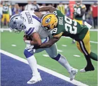  ?? NETWORK-WISCONSIN JIM MATTHEWS/USA TODAY ?? Packers defensive back Kentrell Brice can’t stop Cowboys quarterbac­k Dak Prescott from scoring the go-ahead touchdown late in the fourth quarter.