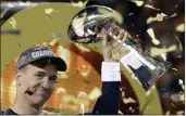  ?? JULIE JACOBSON — THE ASSOCIATED PRESS FILE ?? Then-Broncos quarterbac­k Peyton Manning holds up the Vince Lombardi Trophy after the Broncos defeated the Carolina Panthers 24-10 in Super Bowl 50 in Santa Clara in February of 2016. Manning, in his first-year of eligibilit­y, was selected as a finalist for the Pro Football Hall of Fame’s class of 2021 on Tuesday.