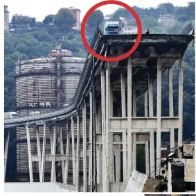  ??  ?? Perilous: A lorry (circled) perches on the edge of the 300ft gap in Morandi Bridge