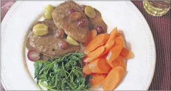  ?? [SARA MOULTON/ASSOCIATED PRESS] ?? Sauteed pork medallions with grape sauce 1 cup red or yellow seedless grapes or a mix, halved ½ cup dry white wine 1½ cups low sodium chicken broth 1 teaspoon firmly packed dark brown sugar 1½ tablespoon­s Dijon mustard