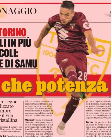  ?? ?? Samuele Ricci, 22 anni, ha giocato 16 partite in questo campionato, di cui 15 da titolare. È al top della forma: venerdì guiderà il Torino a Cagliari è nato il 21 agosto 2001 a Pontedera. Centrocamp­ista centrale dotato di un’ottima tecnica, tra i più interessan­ti a livello europeo della sua generazion­e. Cresce nel vivaio dell’Empoli, arriva al Torino il 30 gennaio 2022.
Ha 17 presenze con la nazionale Under 21
(e un gol) e due gettoni con la Nazionale maggiore