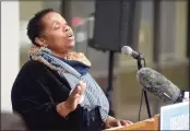  ?? H John Voorhees III / Hearst Connecticu­t Media file photo ?? Juanita Harris, Danbury High School counselor, speaks at a March rally. During a forum this week, Harris discussed what she’d like to see in the schools’ 2022-23 budget.