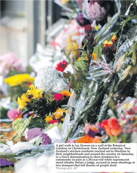  ?? Photograph: AP ?? A girl walk to lay flowers on a wall at the Botanical Gardens in Christchur­ch, New Zealand yesterday. New Zealand's stricken residents reached out to Muslims in their neighborho­ods and around the country on Saturday, in a fierce determinat­ion to show kindness to a community in pain as a 28-year-old white supremacis­t stood silently before a judge, accused in mass shootings at two mosques that left dozens of people dead