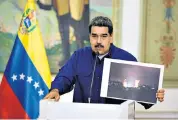  ??  ?? Venezuelan­s cluster around a broken pipe near a sewage outlet to collect water, right; Nicolas Maduro, left, insists the failures of infrastruc­ture are down to Western sabotage