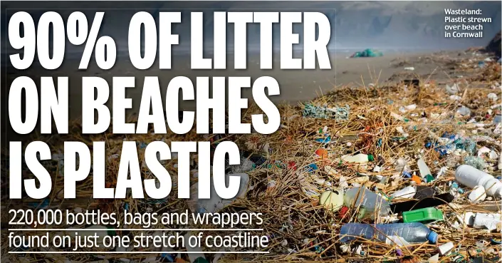  ??  ?? Wasteland: Plastic strewn over beach in Cornwall