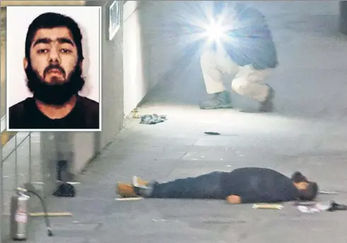  ??  ?? SAY CHEESE! A police investigat­or snaps a photo of the splayed-out body of terrorist Usman Khan (also inset) — who was shot dead by police officers after being tackled by members of the public on London Bridge during Friday’s deadly stabbing rampage.