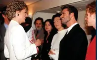  ??  ?? Friend to the stars: Princess Diana, left, chats to George Michael, KD Lang and Mick Hucknall at a
World Aids Day fundraiser and, right, to Dame Edna, Elaine Paige and Wayne Sleep at the Palladium Theatre