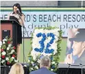  ?? TAMPA BAY TIMES ?? Brandy Halladay addresses guests at Tuesday’s memorial for her husband, Roy Halladay.