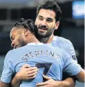  ??  ?? Ilkay Gundogan celebrates his goal against West Brom with Raheem Sterling