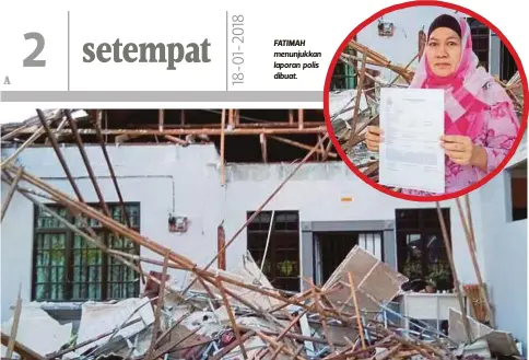  ??  ?? FATIMAH menunjukka­n laporan polis dibuat.
KEADAAN tempat letak kereta rumah milik Fatimah yang runtuh secara tiba-tiba, kelmarin.