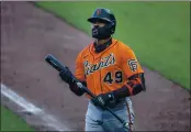  ?? KARL MONDON — BAY AREA NEWS GROUP FILE ?? The San Francisco Giants’ Jaylin Davis (49) bats during the an intrasquad game at Oracle Park on July 18, 2020, in San Francisco.