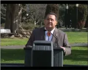  ?? ?? Assemblyme­mber James Ramos speaks in Sacramento calling on the state to address missing and murdered Indigenous people.