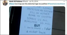  ?? PHOTO: TWITTER ?? Kullane’s post in which he defended Palestinia­n rocket launches