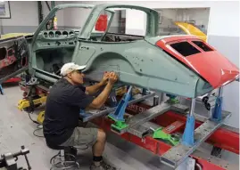  ??  ?? Below left: 911 Targa in the welding shop is a 1967 'S’ soft-window Targa. Originally Polo Red, the car is for sale at any point in the restoratio­n