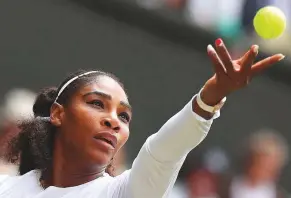  ?? AFP ?? US’ Serena Williams serves against Italy’s Camila Giorgi during their women’s singles quarter-final match yesterday.