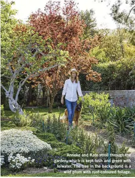  ??  ?? Anneke and Kate stroll through the garden, which is kept lush and green with leiwater. The tree in the background is a wild plum with rust-coloured foliage.